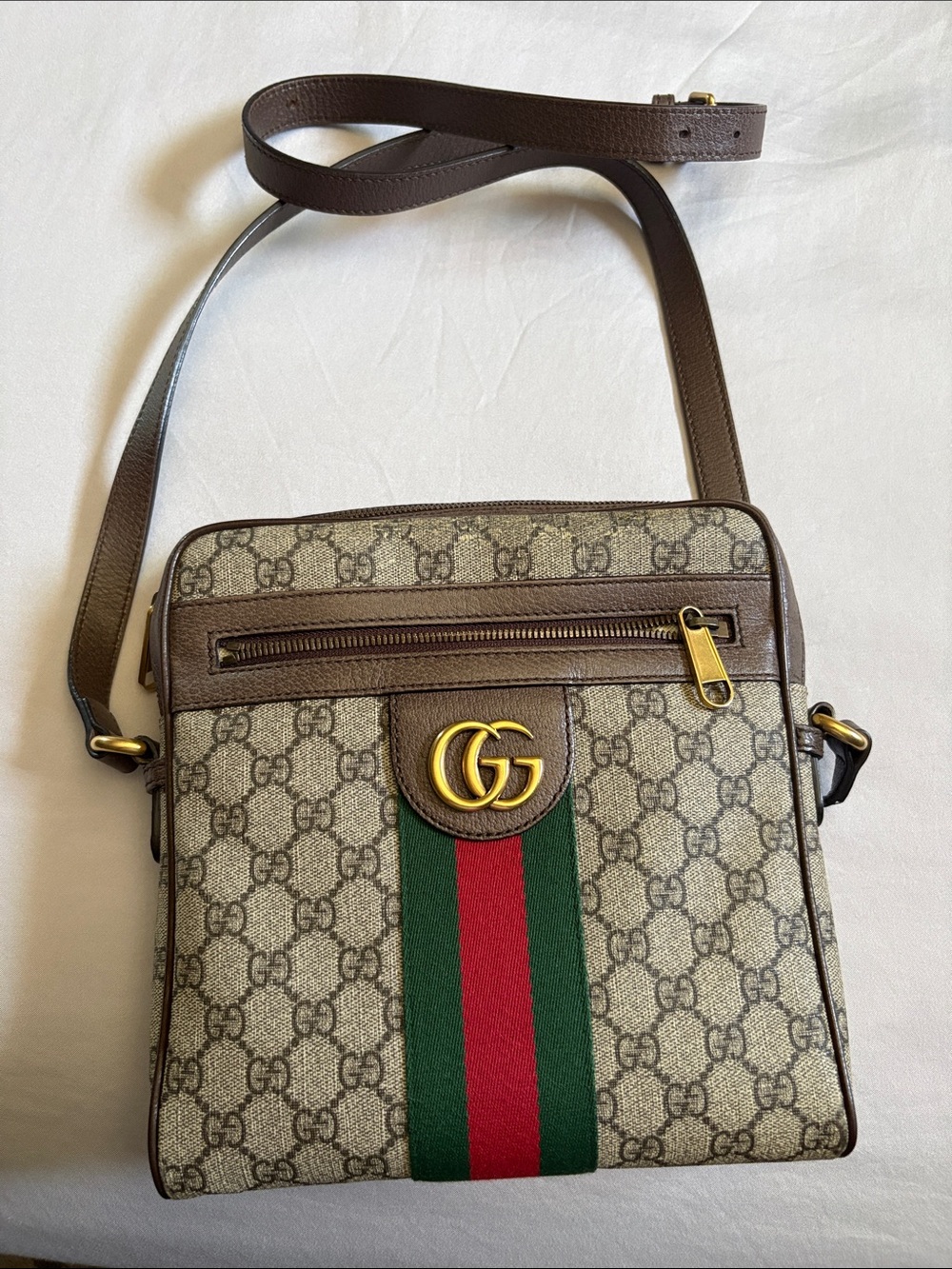 Gucci Beige GG Supreme crossbody with Green-Red Web and Brown Trim